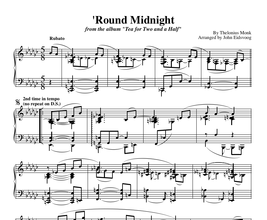 'Round Midnight - sheet music for piano solo